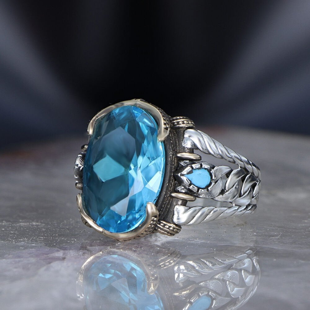 Tesbihevim | Chain Series Men's Silver Ring with Blue Topaz Stone - TryAladdin