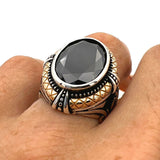 Black Onyx Stone Double Headed Eagle Men's Silver Ring - TryAladdin