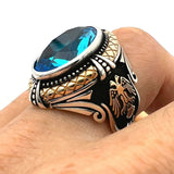 Blue Aquamarine Double Headed Eagle Silver Ring - TryAladdin