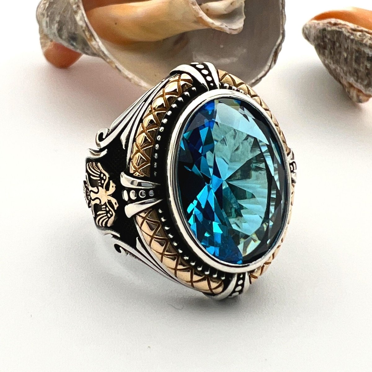 Blue Aquamarine Stone Double Headed Eagle Ring - TryAladdin