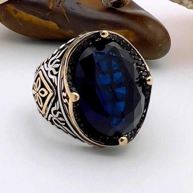 Blue Oval Sapphire Stone Men's Ring - TryAladdin