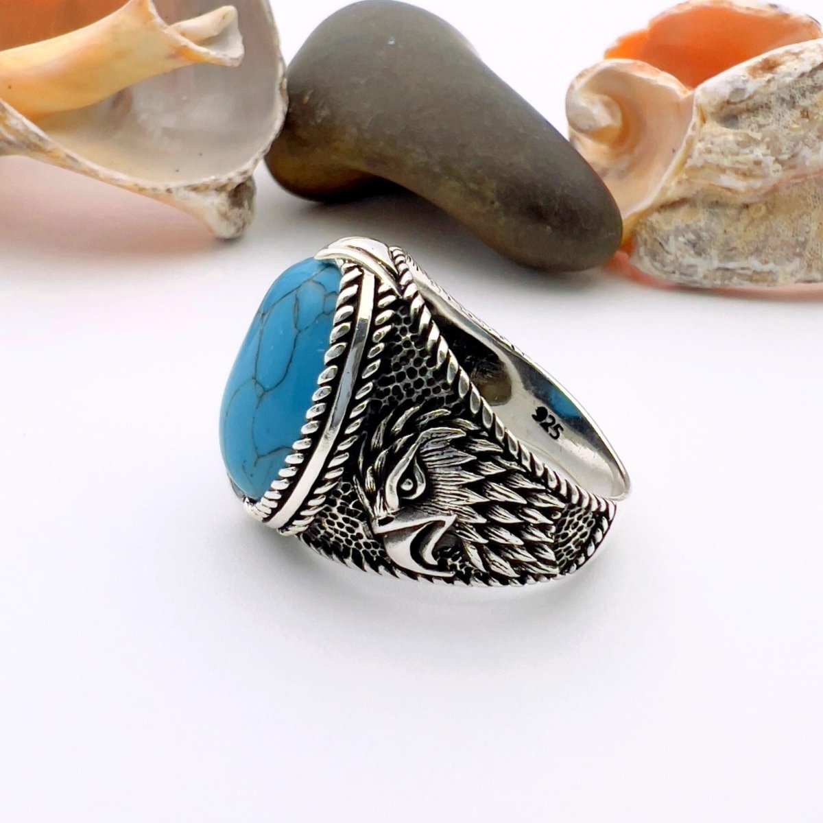 Blue Turquoise Oval Stone Silver Ring - TryAladdin