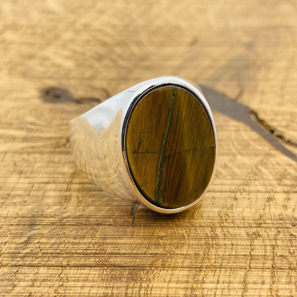 Brown Tiger's Eye Oval Stone Men's Silver Ring - TryAladdin