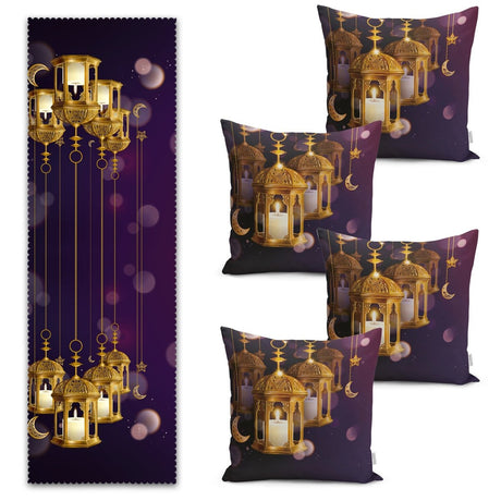 Digital Printed Runner and Cushion Pillow Cover Set with Arabic Ramadan Lantern Motif - TryAladdin