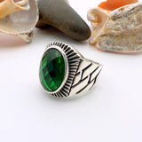 Green Oval Emerald Stone Men's Silver Ring - TryAladdin