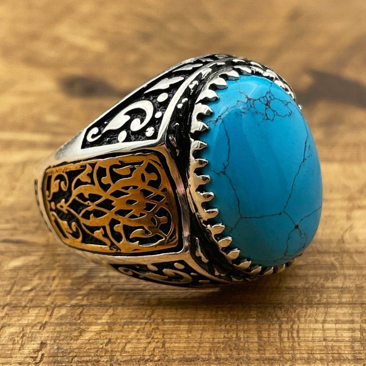 Handmade Men's Oval Blue Turquoise Silver Ring - TryAladdin