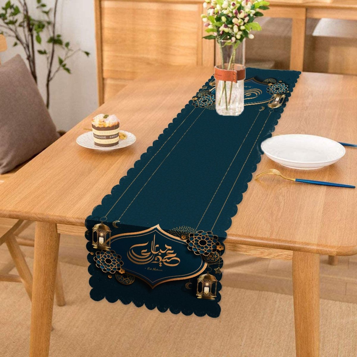 Happy Holidays with Arabic Motif Digital Printed Runner and Cushion Pillow Cover Set - TryAladdin