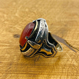 Men Red Aqeeq Silver Ring - TryAladdin