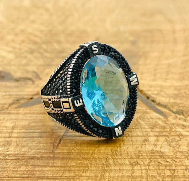 Men's Aquamarine Compass Ring - TryAladdin