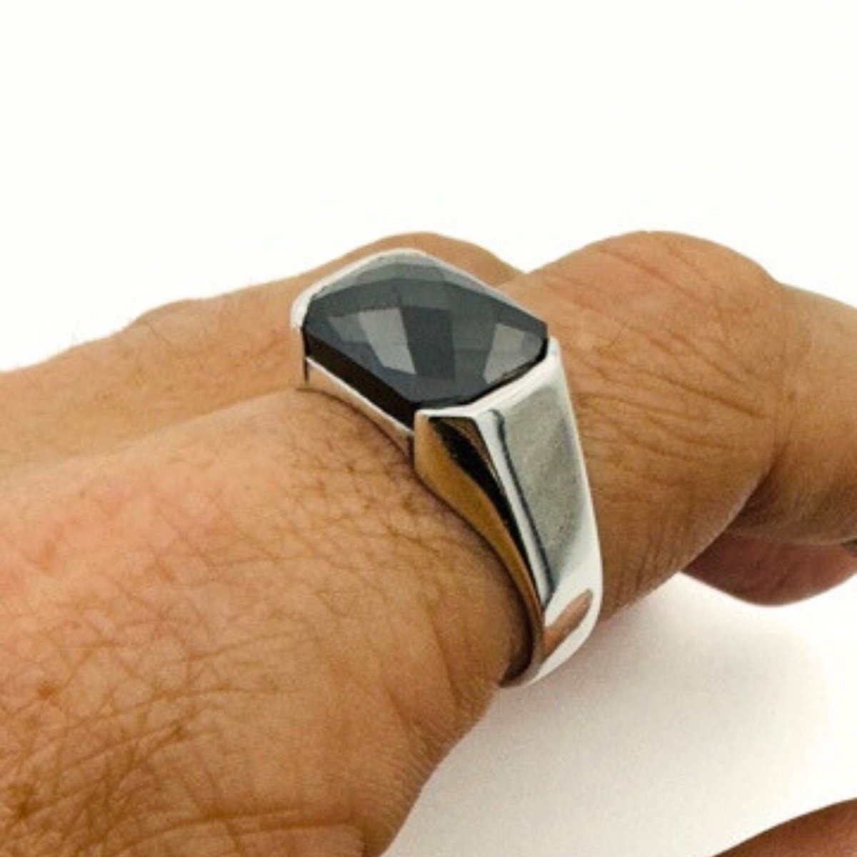 Men's Black Onyx Rectangle Silver Ring - TryAladdin