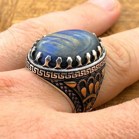 Men's Blue Lapis Lazuli Stone Silver Ring - TryAladdin