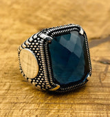 Men's Blue Sapphire Stone Silver Ring - TryAladdin