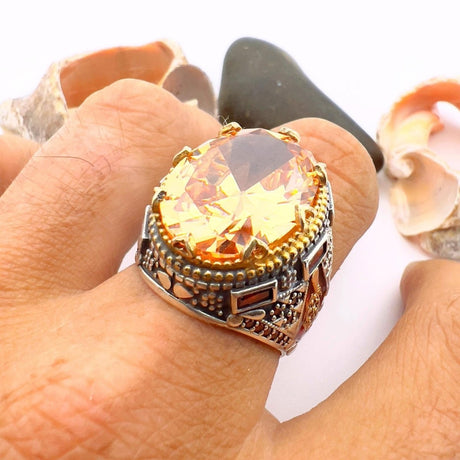 Men's Champagne Citrine Stone Silver Ring - TryAladdin