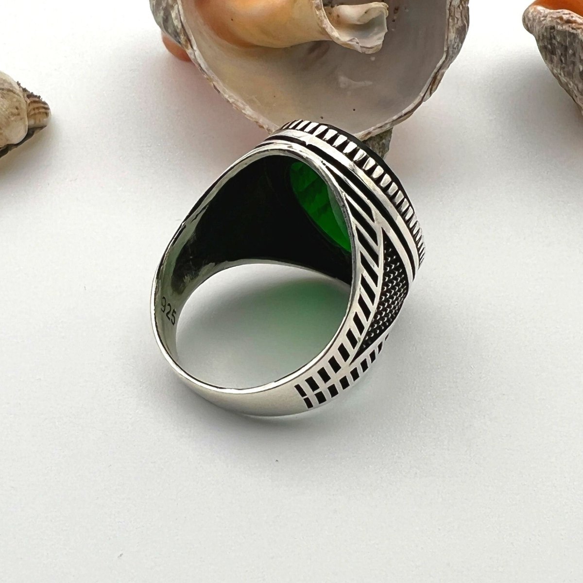 Men's Green Emerald Stone Ottoman Style Silver Ring - TryAladdin