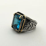 Men's Handmade Blue Aquamarine Stone Silver Ring - TryAladdin