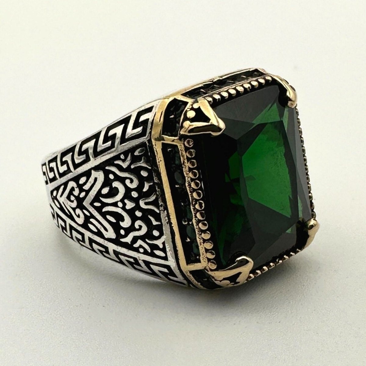 Men's Handmade Onyx - Aqua - Emerald Stone Silver Ring - TryAladdin