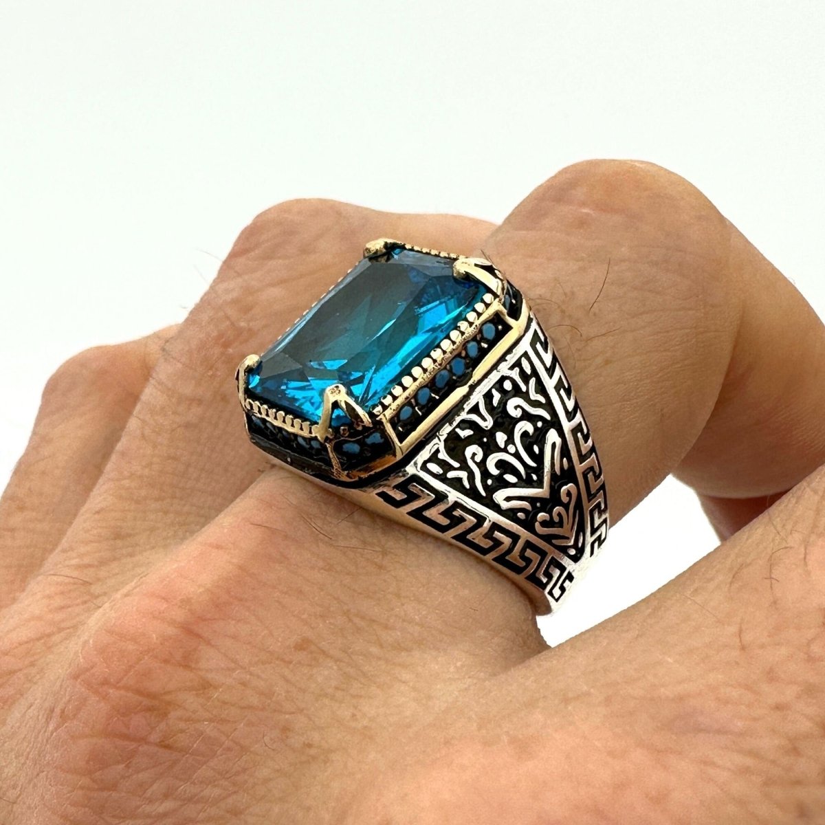 Men's Handmade Onyx - Aqua - Emerald Stone Silver Ring - TryAladdin