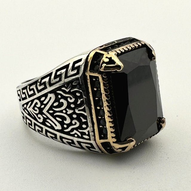 Men's Handmade Onyx - Aqua - Emerald Stone Silver Ring - TryAladdin