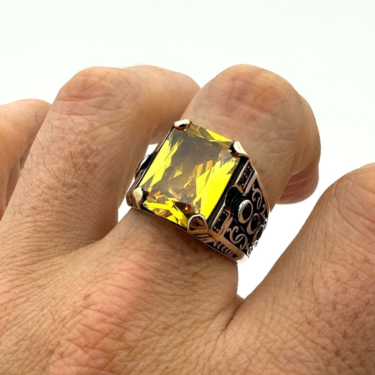 Men's Handmade Yellow Citrine Square Stone Silver Ring - TryAladdin