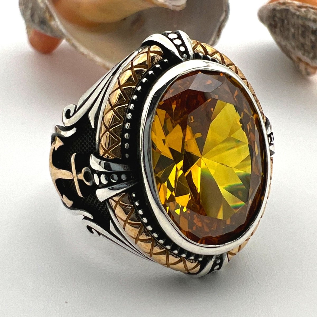 Men's Handmade Yellow Citrine Stone Anchor Ring - TryAladdin