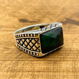 Men's Rectangle Green Zircon Stone Silver Ring - TryAladdin