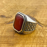 Men's Red Agate Gemstone Silver Ring - TryAladdin