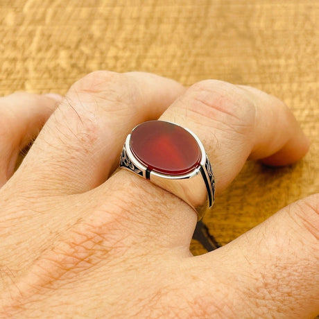 Men’s Red Agate Oval Ring - TryAladdin