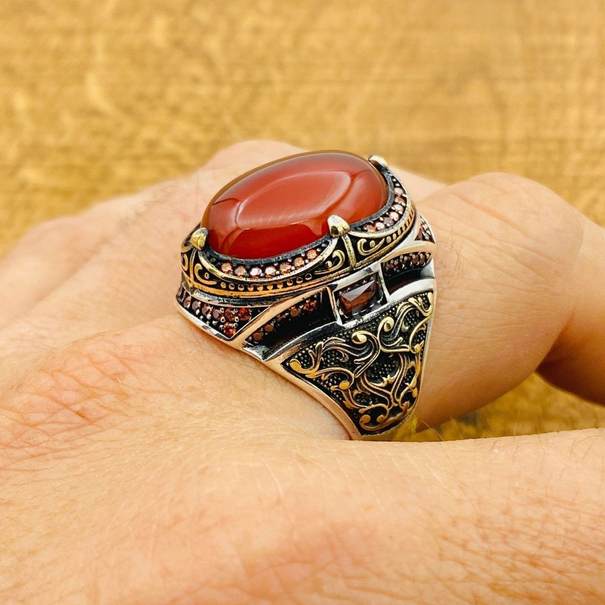 Men's Red Agate Silver Ring - TryAladdin