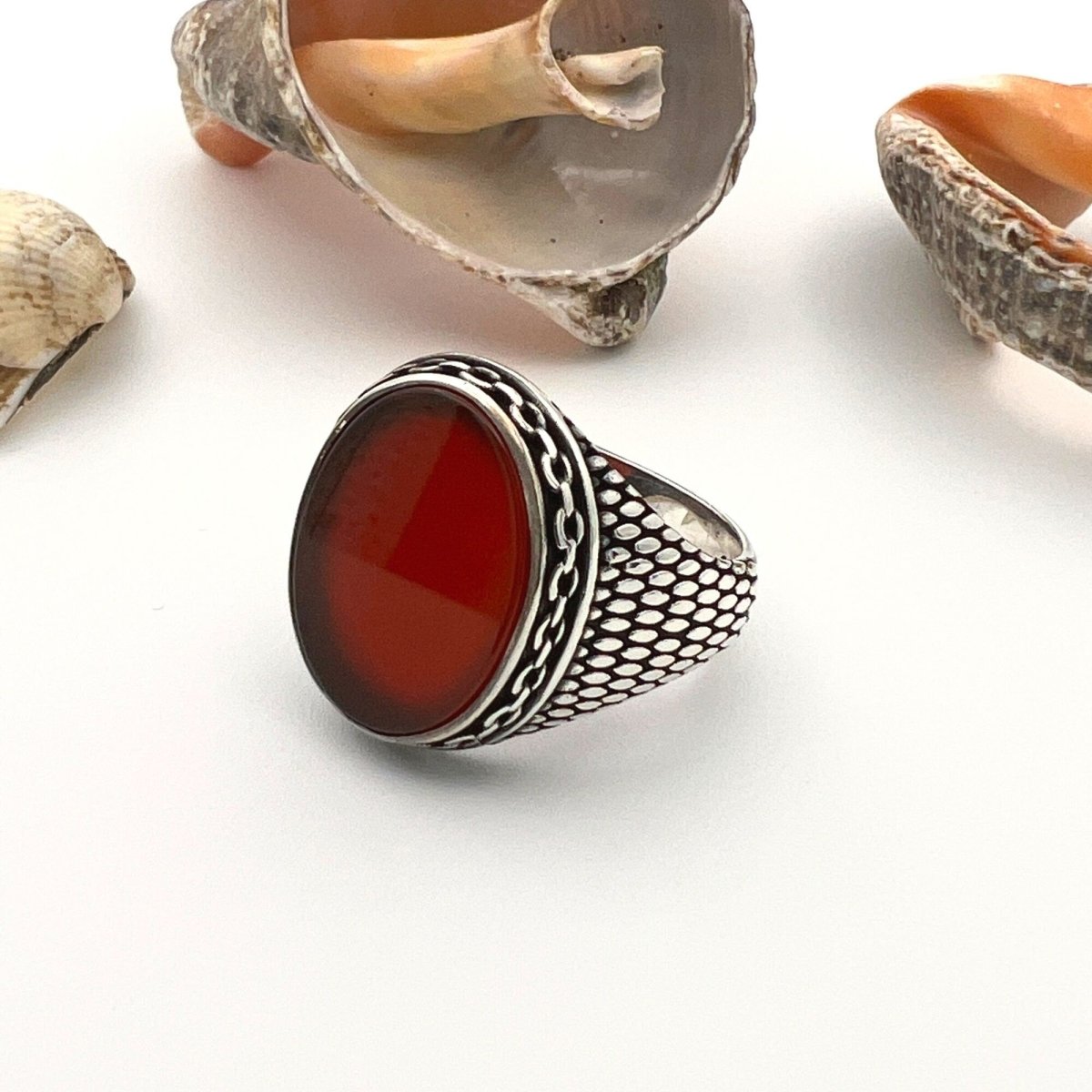 Men's Red Agate Stone Silver Ring - TryAladdin