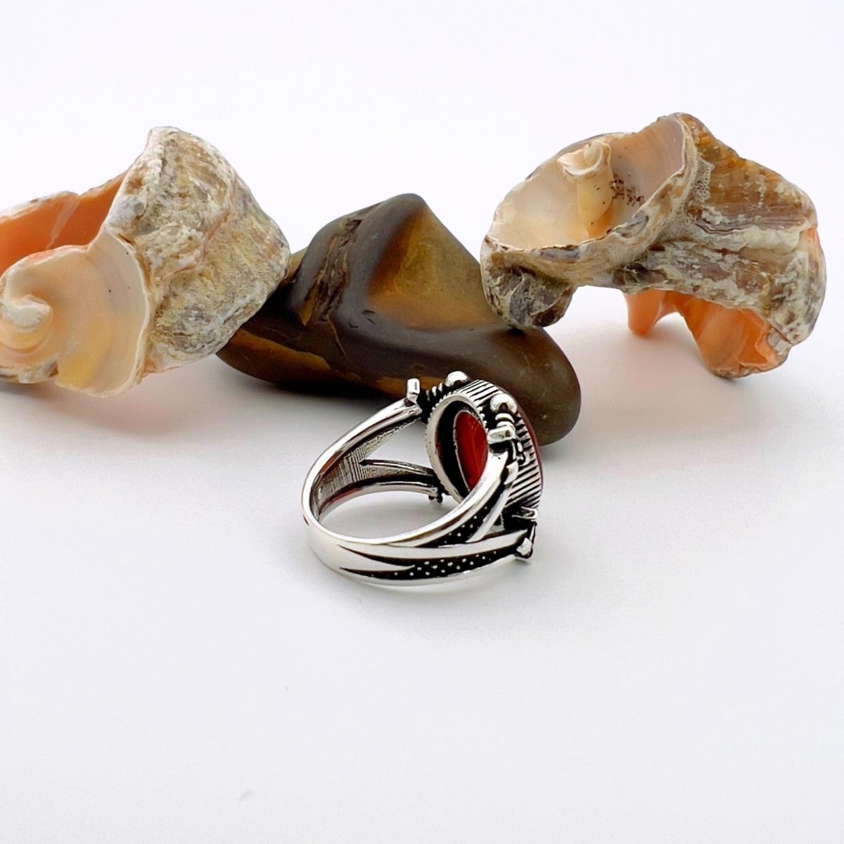 Men's Red Agate Stone Silver Ring - TryAladdin