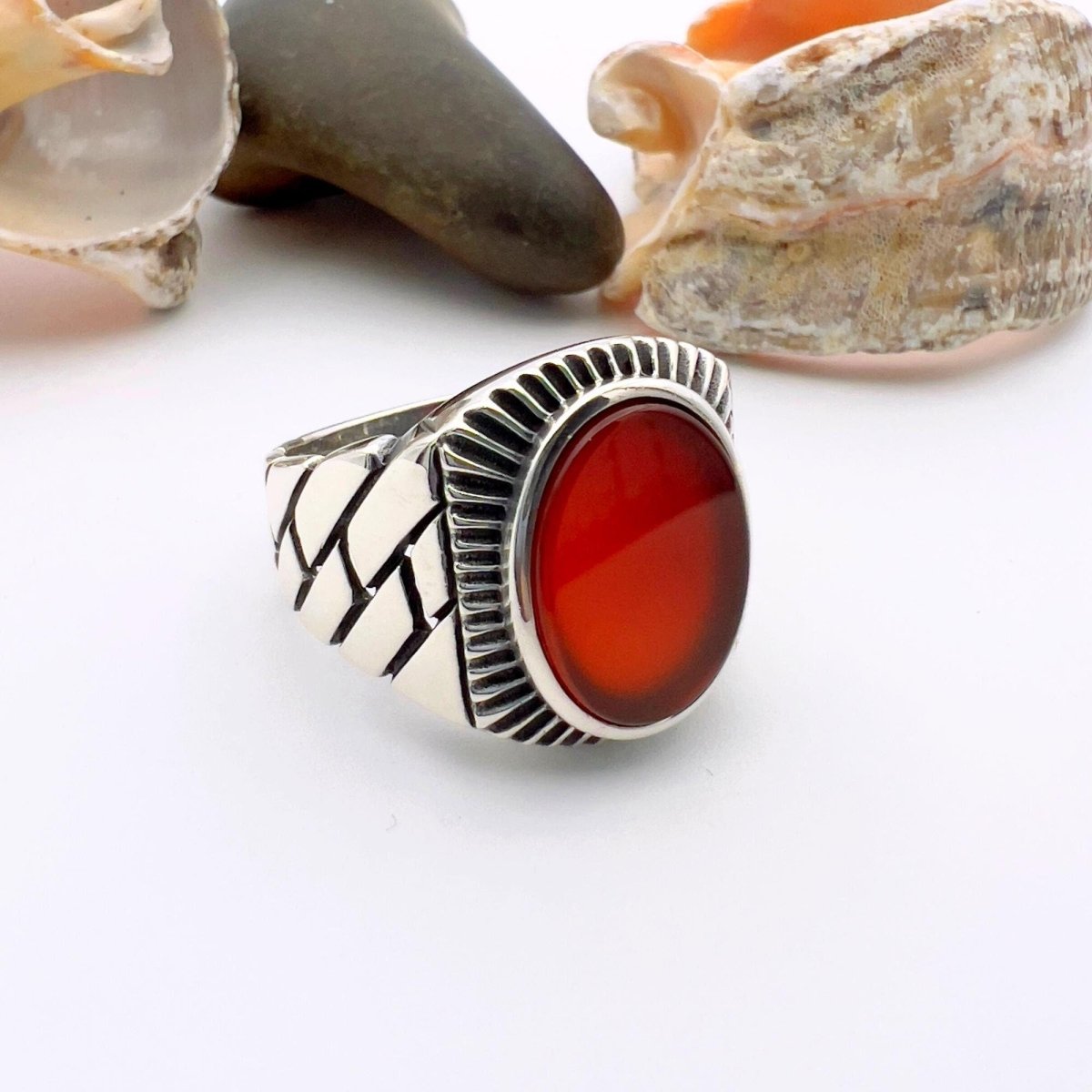 Men's Red Agate Stone Silver Ring - TryAladdin