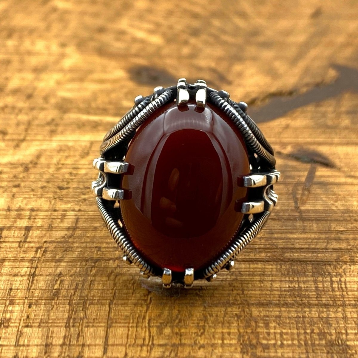 Men's Red Agate Stone Silver Ring - TryAladdin