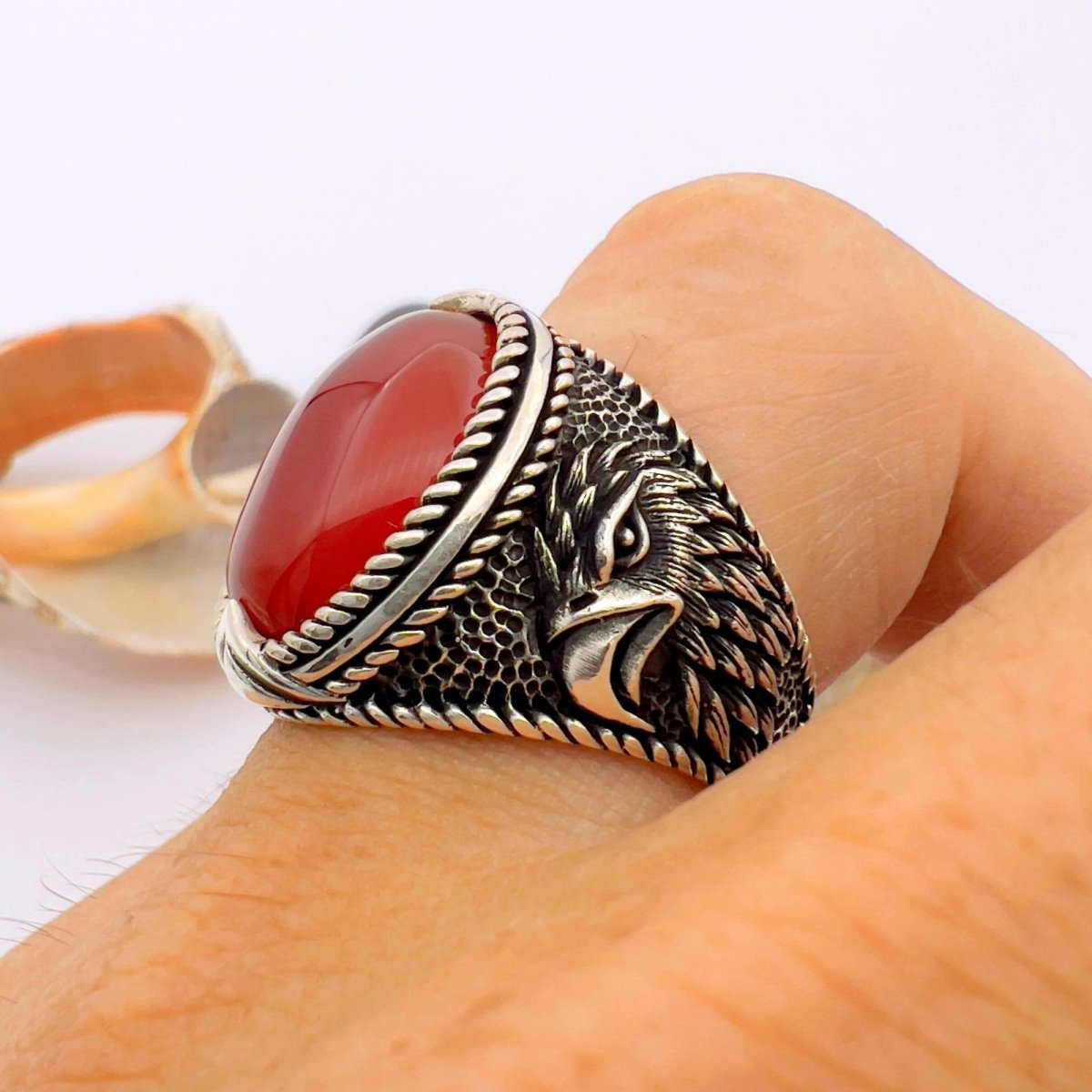 Men's Red Agate Stone Silver Ring - TryAladdin