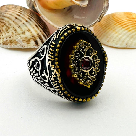 Men's Red Agate Stone Silver Ring - TryAladdin