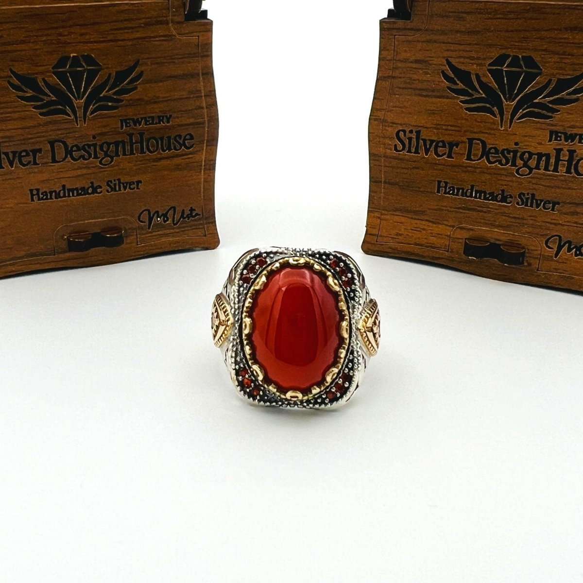 Men's Red Agate Stone Silver Ring - TryAladdin