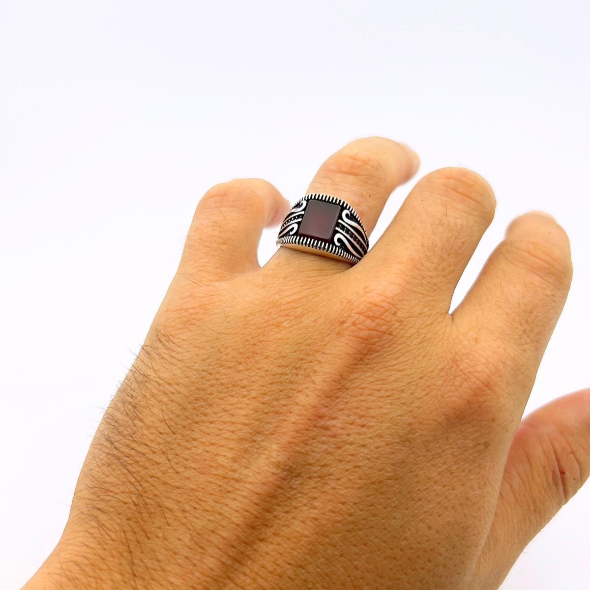 Men's Red Agate Stone Silver Ring - TryAladdin