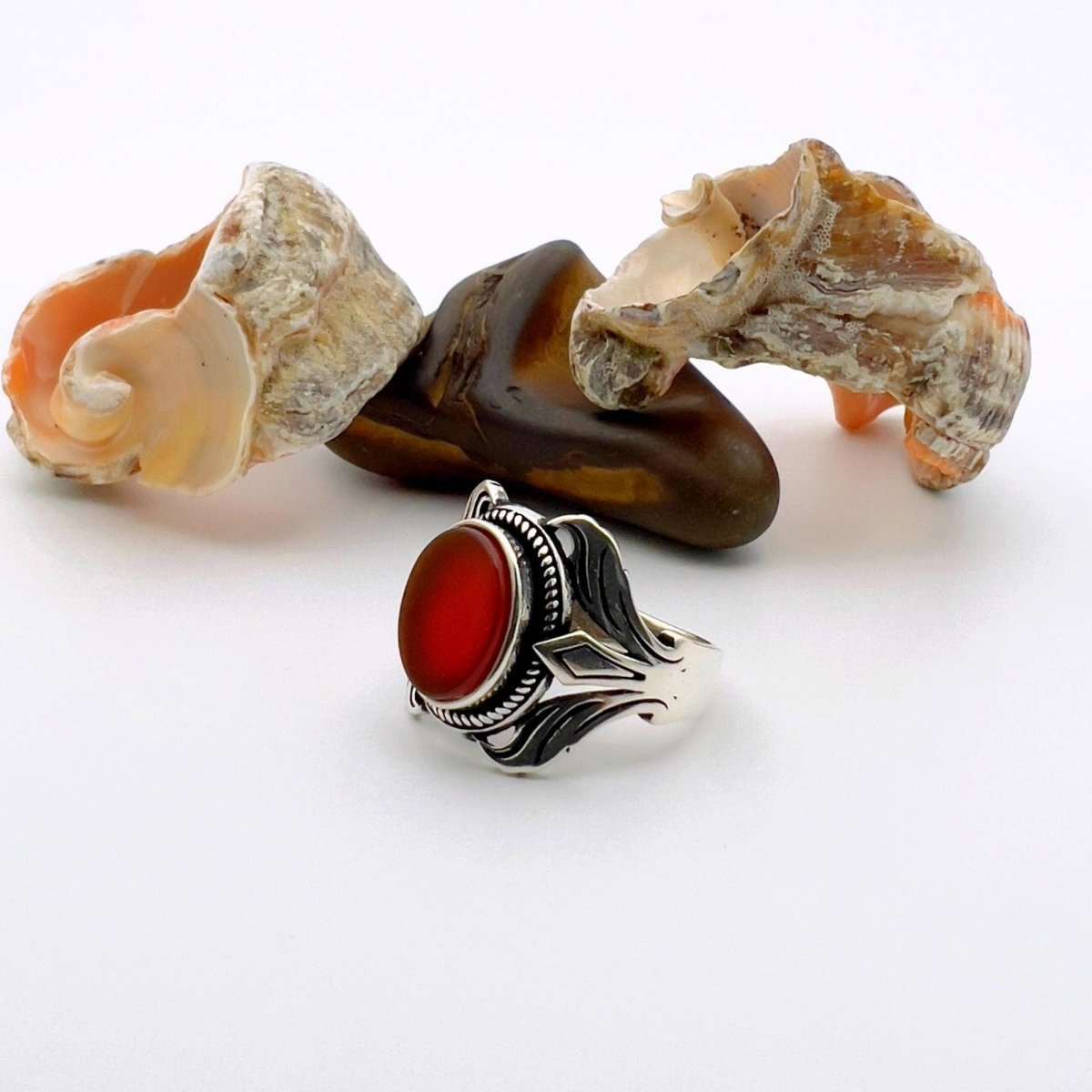 Men's Red Agate Stone Silver Ring - TryAladdin