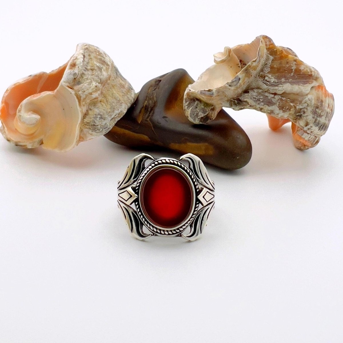 Men's Red Agate Stone Silver Ring - TryAladdin