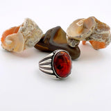 Men's Red Amber Stone Silver Ring - TryAladdin