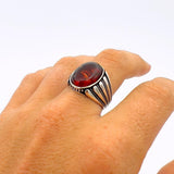 Men's Red Amber Stone Silver Ring - TryAladdin