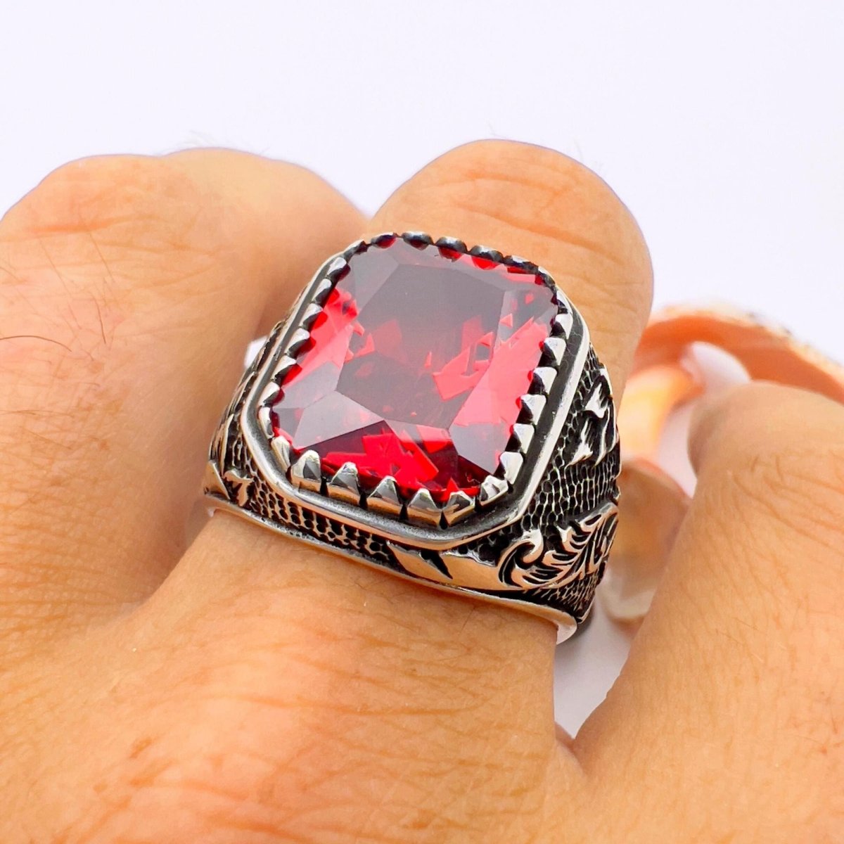 Men's Red Ruby Squared Stone Silver Ring - TryAladdin