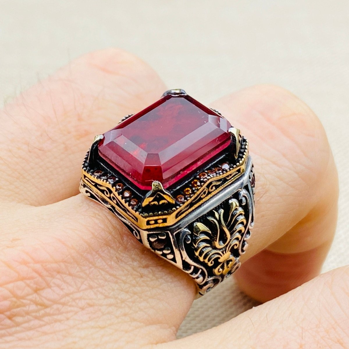 Men's Red Ruby Stone Silver Ring - TryAladdin