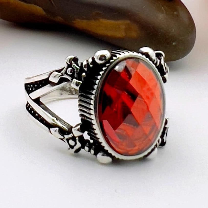 Men's Red Zircon Stone Turkish Handmade Sword Detailed Ring - TryAladdin