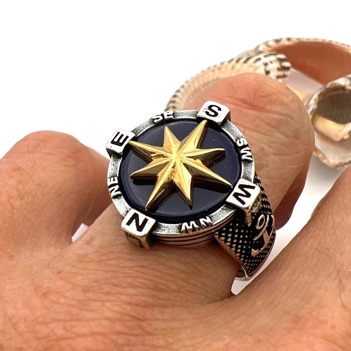 Men's Silver Agate Stone Compass Ring - TryAladdin