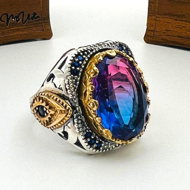 Men's Tourmaline Purple - Blue Stone Silver Ring - TryAladdin