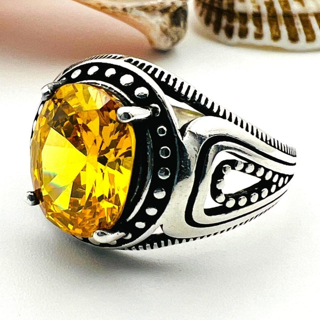 Men's Yellow Citrine Stone Silver Ring - TryAladdin