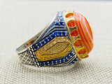 Men's Yemeni Aqeeq Stone Orange Silver Ring - TryAladdin