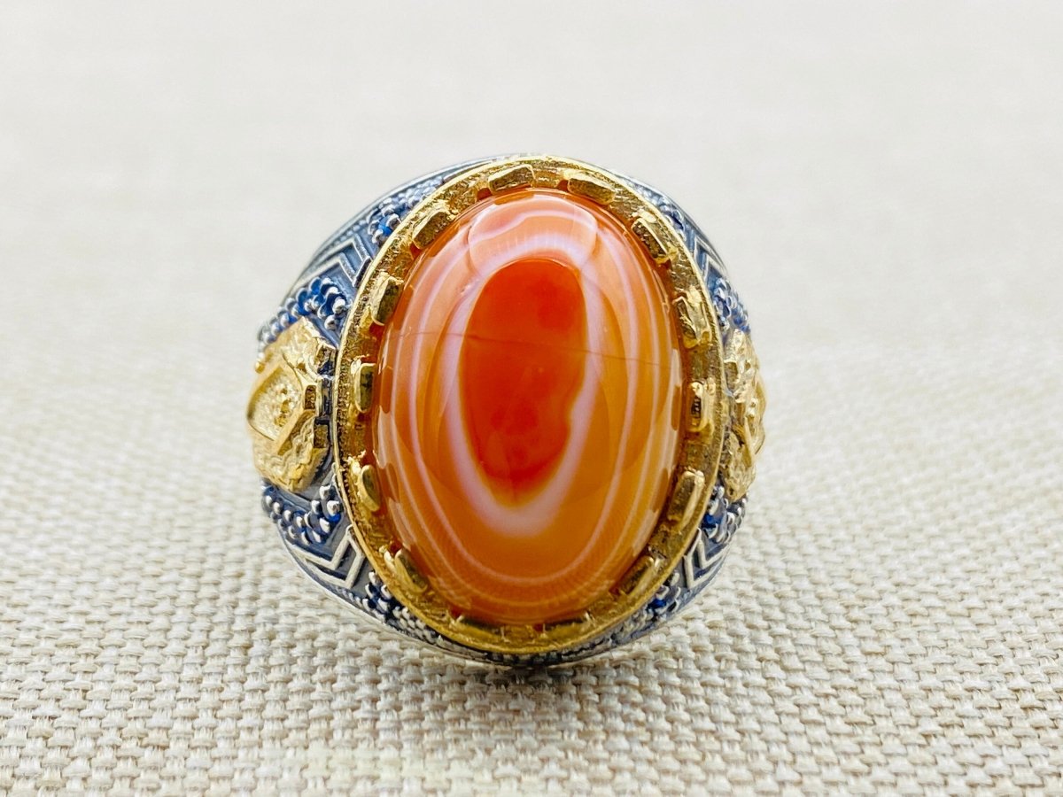 Men's Yemeni Aqeeq Stone Orange Silver Ring - TryAladdin