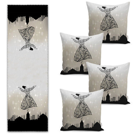 Modern Runner and Cushion Pillow Cover Set with Arabic Letter Motif and Whirling Dervish Design - TryAladdin