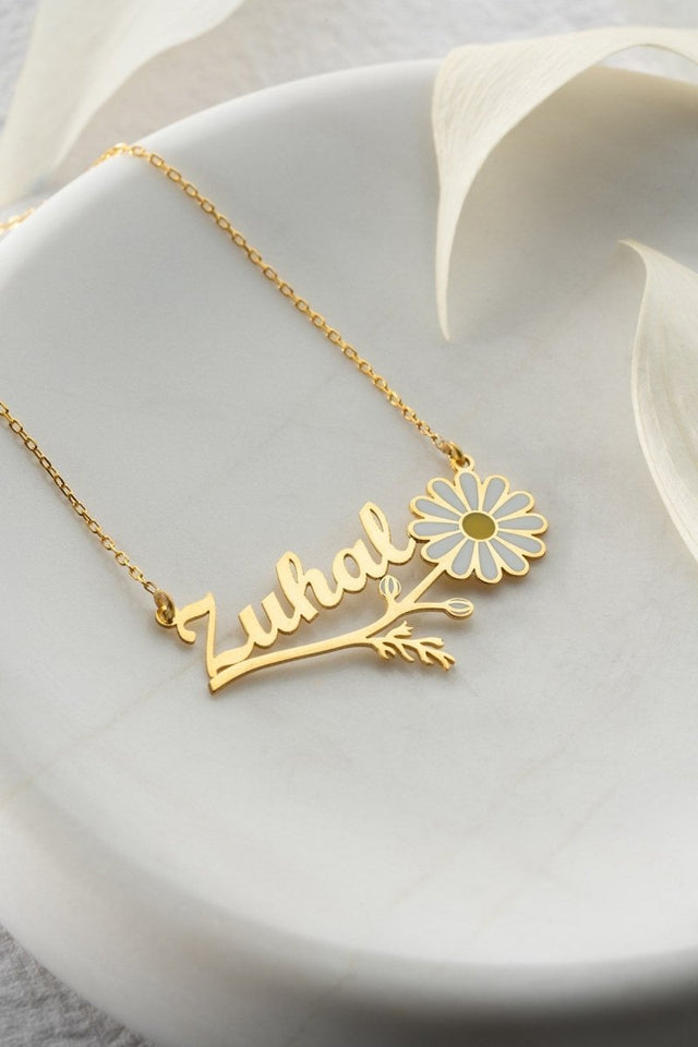 Nereze | Personalized Silver Chamomile Necklace with Branches - TryAladdin